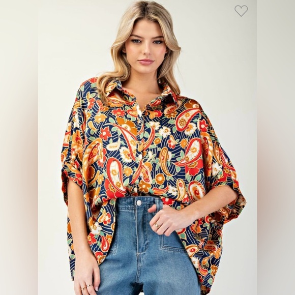 Tops - Floral Paisley Button Down Shirt - Multicolor